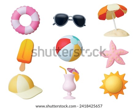 Travel beach 3d render icons. Summer realistic elements, isolated ice cream, cocktail and sun umbrella. Holidays on sea, star fish and ball, pithy vector set