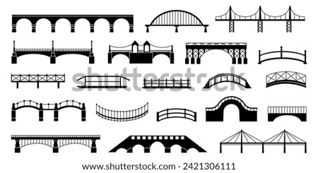 Black bridges silhouettes. Isolated bridge icons, urban architecture constructions elements. Transportation and city logistic, decent vector set