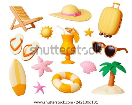 Summer travel 3d icons. Render beach elements, realistic palm tree, cocktail, sunglasses, chaise lounge. Touristic suitcase, pithy vector clipart