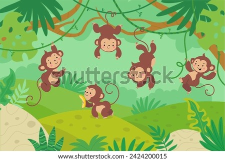 Monkeys in tropical forest. Cartoon monkey hang on vine, jungle wild funny characters. Rainforest animals, childish nowaday vector illustration