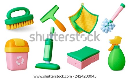 Render 3d household tools. Garbage bucket, broom and sponge, brush an vacuum cleaner. Cleaning service isolated realistic elements, pithy vector set