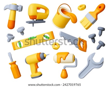 Realistic 3d repair icons. Renovation work tools and equipment. Screw, nail and paints, brush, roller and drill. Isolated construction pithy vector elements