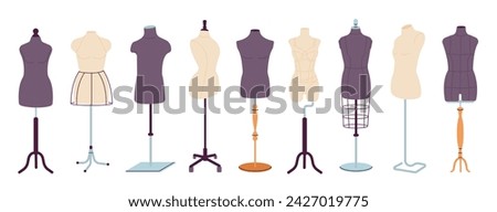 Tailor mannequins. Isolated unisex, female and male dummies. Equipment for fashion design and home needlework. Various body on stands, decent vector set