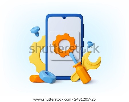 Smartphone repair service 3d style icon. Mobile phone with gear on screen. Upgrade app or phone, technical device support pithy vector concept