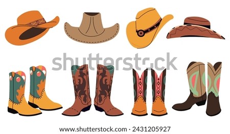 Cowboy hats and boots. Isolated boot, cowgirl fashion decorative accessories and shoes. Wild west elements design, cartoon decent vector set