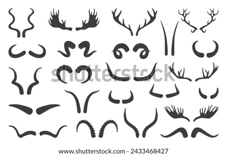 Antlers silhouettes. Black horns, deer, moose, ram, antelope elements. Horned mammals hunting trophy, wildlife animal horn neoteric vector set