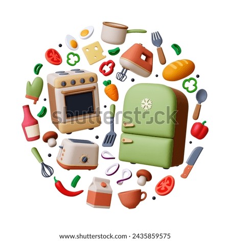 Kitchen concept. 3d appliances, food and tools. Realistic fridge and stove. Mushroom, vegetables, eggs and cheese slice. Pithy vector cooking elements
