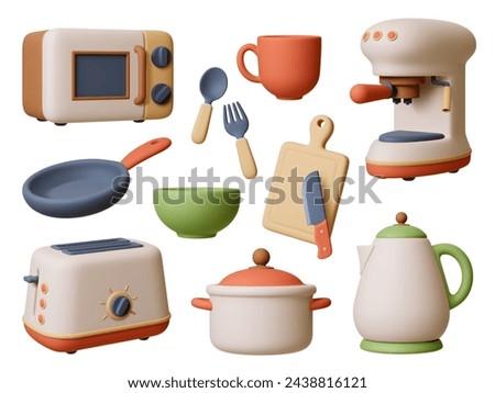 Cooking equipment 3d render. Isolated kitchen appliances and crockery. Pan, teapot, microwave and espresso coffee maker. Pithy realistic vector set