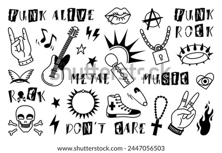 Rock style elements. Punk vintage clipart with objects and phrases grunge alphabet. Hard rock metal, skull, guitar and anarchy symbol, neoteric vector set