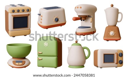 Kitchen 3d render appliances. Realistic stove, ingredients scale and refrigerator. Isolated microwave, toaster, espresso coffee maker, pithy vector set