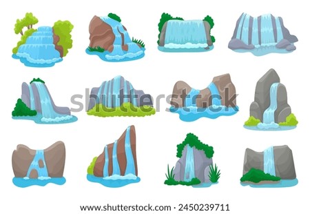 Nature waterfall set. Isolated waterfalls cartoon, mountains or rocks, tree, bushes and grass. Natural elements for landscapes, neoteric vector set