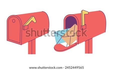 Opened closed mailbox. Street letterbox with different envelopes and letters. Postal box with open door, overflowing of mail. Flat decent vector elements