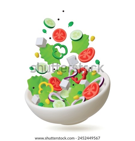 Fresh salad 3d concept. Isolated vegetable meal, vitamin diet nutrition with tomatoes, onion, cucumbers. Render realistic food elements, pithy vector design