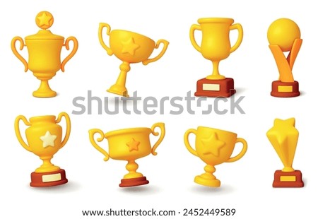 3d gold trophy. Winners golden cups, awards ceremony with stars. Trophies for sport competitions, championships, award pithy realistic vector set