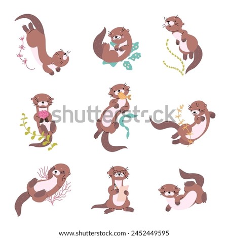 Cartoon otter. Funny otters in different poses, eating, playing and swimming. Water animal, river or lake characters. Childish mascot nowaday vector set