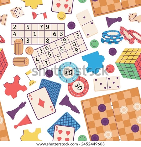 Games elements pattern. Board game for adults and children leisure time. Spend time with friend. Wrapping print template design, decent vector background