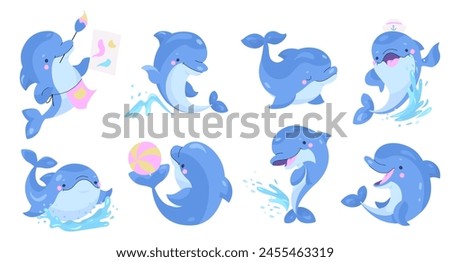 Dolphins characters. Cartoon cute dolphin drawing, play with ball and jump in water waves. Dolphinarium actors, marine animals nowaday vector set