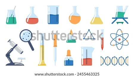 Science equipment. Glass laboratory tubes, dna molecule, burner and pipette. Chemistry or medical research tools, decent vector flat collection