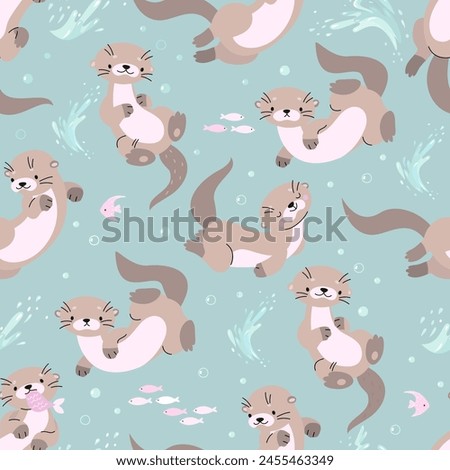 Otters seamless pattern. Cartoon otter characters and underwater elements. Sea or river wild animals. Fabric, wrapping nowaday vector design