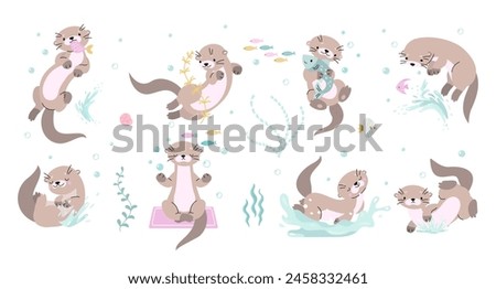 Cute otters characters. Otter poses isolated cartoon set. Funny animals swimming in river or lake, eating and playing. Nature nowaday vector clipart