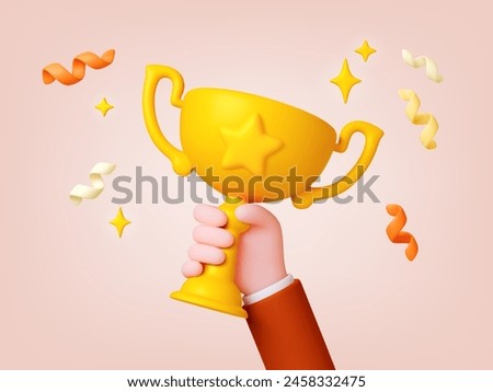 Hand hold 3d trophy. Celebrating winners and champions, golden cup prize. Business or sport competition winner, success pithy vector concept