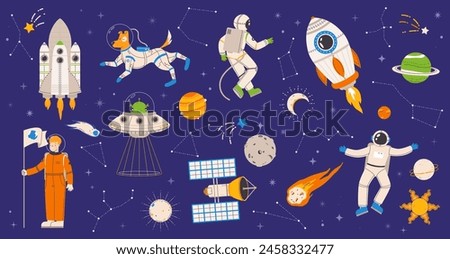 Space explorers set. Ufo in spaceship, satellite and astronauts. Different cartoon cosmonauts, star constellation and planets, snugly vector set