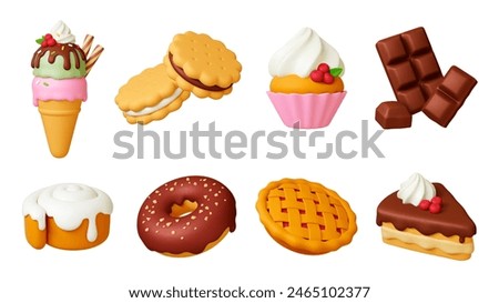 3d dessert. Bakery shop sweets, pastries and cakes. Realistic ice cream, pie and cookies. Chocolate and cupcake, donut, pithy vector clipart