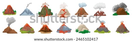 Cartoon volcanoes eruption. Volcano processes, natural disasters with fire fountains, flames, ashes and smokes. Nature elements, neoteric vector set