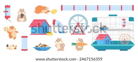 Hamster equipment. Cartoon hamsters, cage tools for playing, eating, drinking and training. Fatty fluffy domestic pets, run wheel, seeds nowaday vector clipart