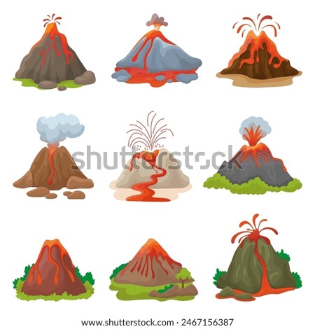 Cartoon volcano. Eruption processes, volcanoes with magma and fire fountains. Lava flows, volcanic eruptions natural disasters neoteric vector set