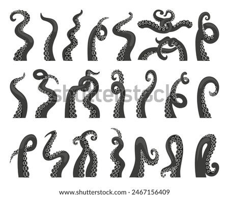 Black octopus tentacles. Kraken octopuses tentacle, squid sea body parts. Monochromatic ocean animal details, cartoon neoteric vector icons