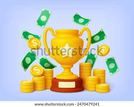 Business win 3d. Golden cup, coins and flying money. Successful project and investments. Corporate winner, ceremony award pithy vector scene