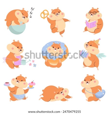 Cartoon hamsters. Cute fluffy hamster in different poses. Funny rodent sleepings, playing and eating. Fatty pets various situations, nowaday vector set