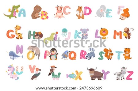 Zoo alphabet. Capital letters and cartoon animals. Lion giraffe otter hedgehog and raccoon. Cute unicorn tiger and squirrel. Childish nowaday vector set