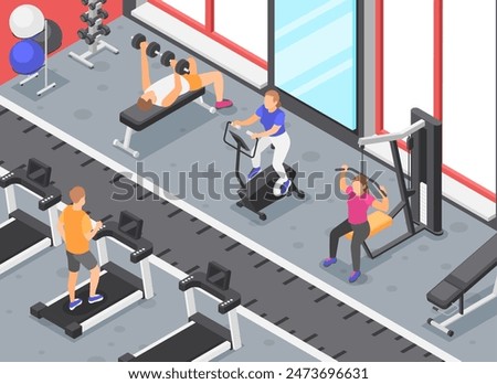 Isometric gym. Fitness center with people, training on training on sports simulators. Sport tools and equipment, workout room with clients, flawless vector scene