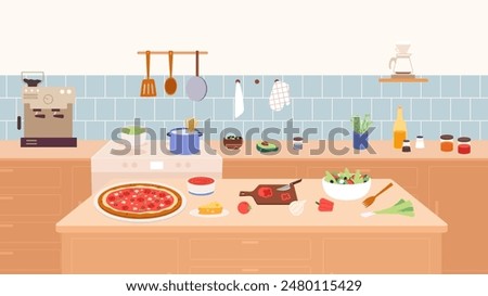 Italian dinner on home kitchen. Homemade pizza salad and pasta with cheese and tomato sauce. Coffee maker, food and vegetables, cooking process vector scene