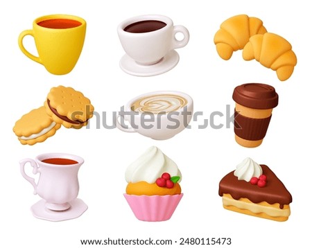 3d coffee and pastry. Tea cup, take away and cappuccino. Croissants and cookies, sweet cake desserts with cream and chocolate. Bakery shop pithy vector set