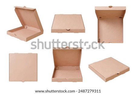 Realistic pizza boxes. Cardboard box mockup, open close top view packages. Fast food delivery containers, empty packs pithy vector clipart