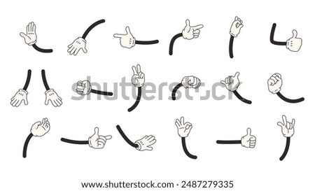 Cartoon comic hands in white gloves showing various gestures. Retro characters hand actions, signs of approval blow rock good idea, snugly vector set