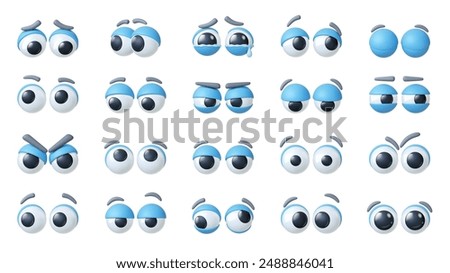 Cartoon 3d eyes. Funny comic eyeballs different emotions. Cry happy surprised angry sad feelings. Unisex eye expressions, pithy vector collection