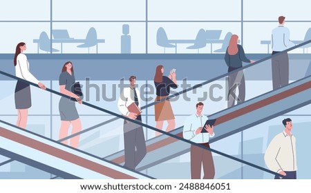 Business center. Office people moving on escalators up and down. Administrative building and coworking zone. Managers work kicky vector illustration