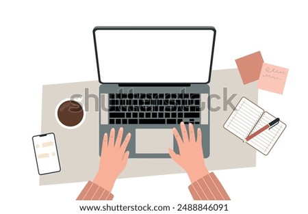 Working on laptop from home. Hands in pajama shirt work with computer. Freelancer job, student studying or user surfing internet, vector concept