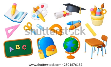 3d school supplies. Education lesson icons render style. Pencil globe school bag diploma scroll graduation hat. Pithy vector realistic collection