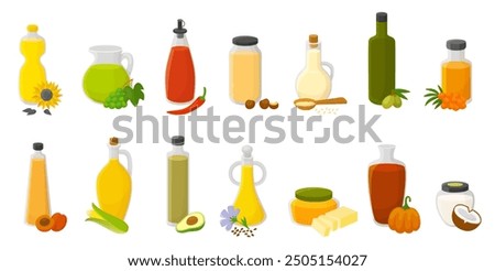 Different oils. Raw oil for food in glass bottles and jugs. Grape sunflower seed, extra virgin olive, corn and soybeans. Coconut oil for cosmetics, vector neoteric clipart