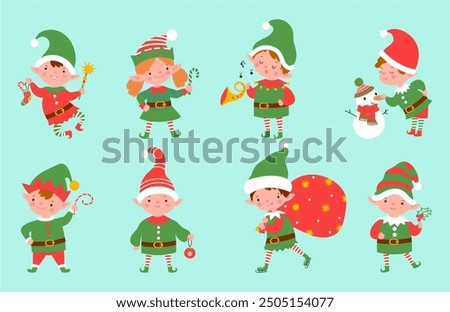 Christmas elf working. Holidays season, elves with presents box sweets musical instrument and decorations. Xmas santa characters nowaday vector clipart