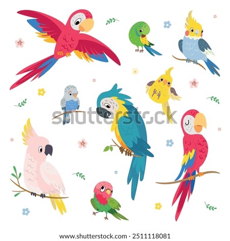 Cartoon parrots. Tropical parrot, exotic birds vibrant funny characters. Flying and sitting animals, cockatoo on branch. Cute childish mascots nowaday vector set