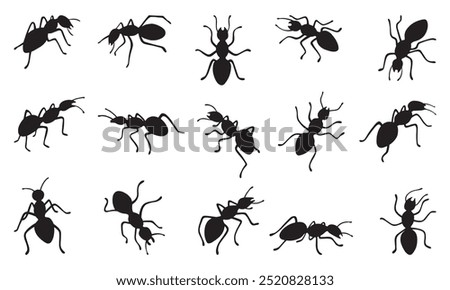 Black ants silhouettes. Isolated ant working walking marching. Work in ground insects colony. Flat insect, nature organic characters neoteric vector set