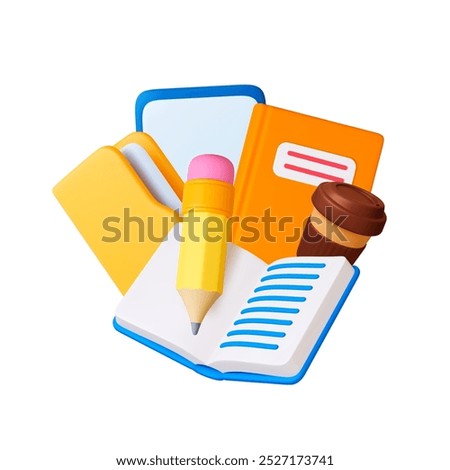 3d Work and study. Education 3d concept with opened book, notebooks yellow folder for documents, pencil and coffee mug. Realistic render office vector icons