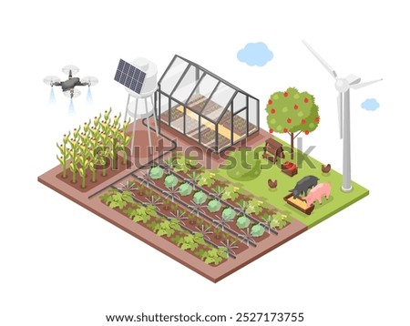 Smart farm isometric scene. Agricultural complex with modern solar system, windmill and drone for watering. Modern technologies in farming flawless vector concept