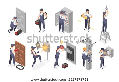 Isometric electricians. Male female electrical workers in uniform working with transformers switchboards voltage equipment, flawless vector characters